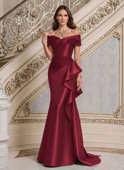 Elegant Off-The-Shoulder Mermaid Sweep Train Satin Evening Dresses With Cascading Ruffles/Pleated