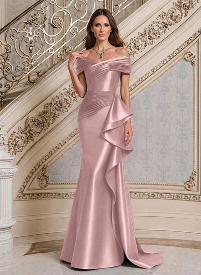 Elegant Off-The-Shoulder Mermaid Sweep Train Satin Evening Dresses With Cascading Ruffles/Pleated