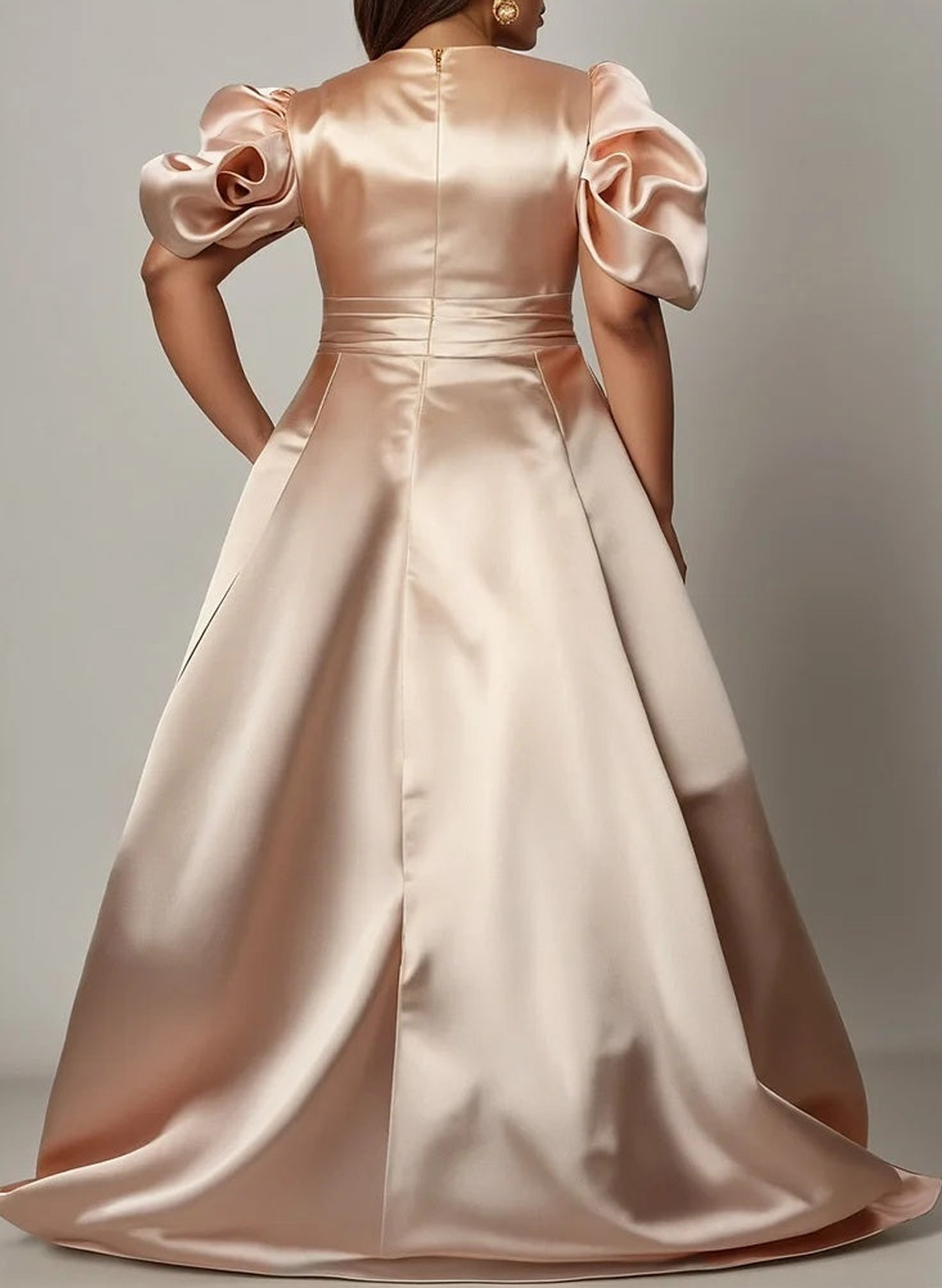 Elegant V-Neck Short Sleeves Detachable Matte Satin Evening Dresses With Ruffle