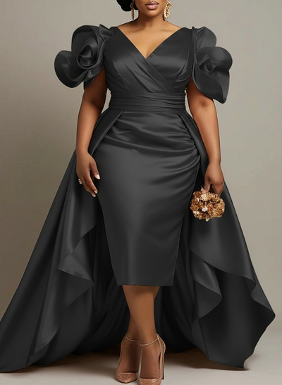 Elegant V-Neck Short Sleeves Detachable Matte Satin Evening Dresses With Ruffle