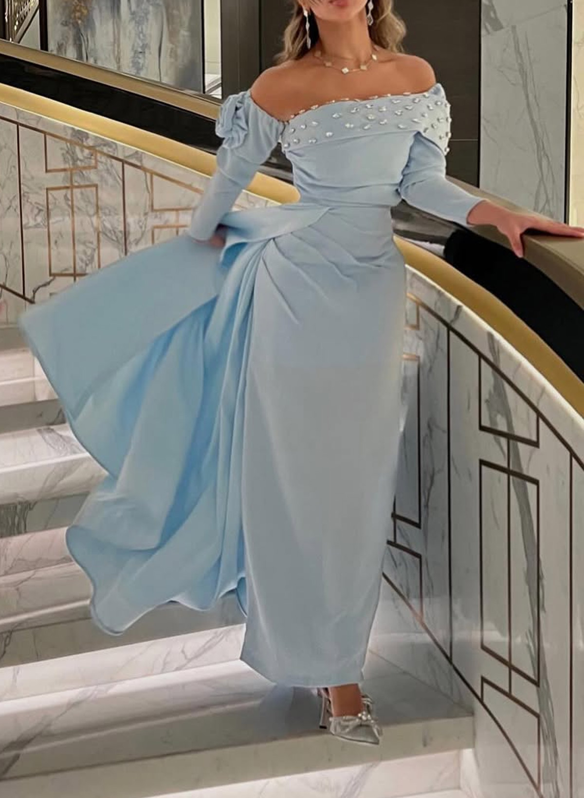 Elegant Off-The-Shoulder Long Sleeves Ankle-Length Satin Evening Dresses With Rhinestone/Flower(s)