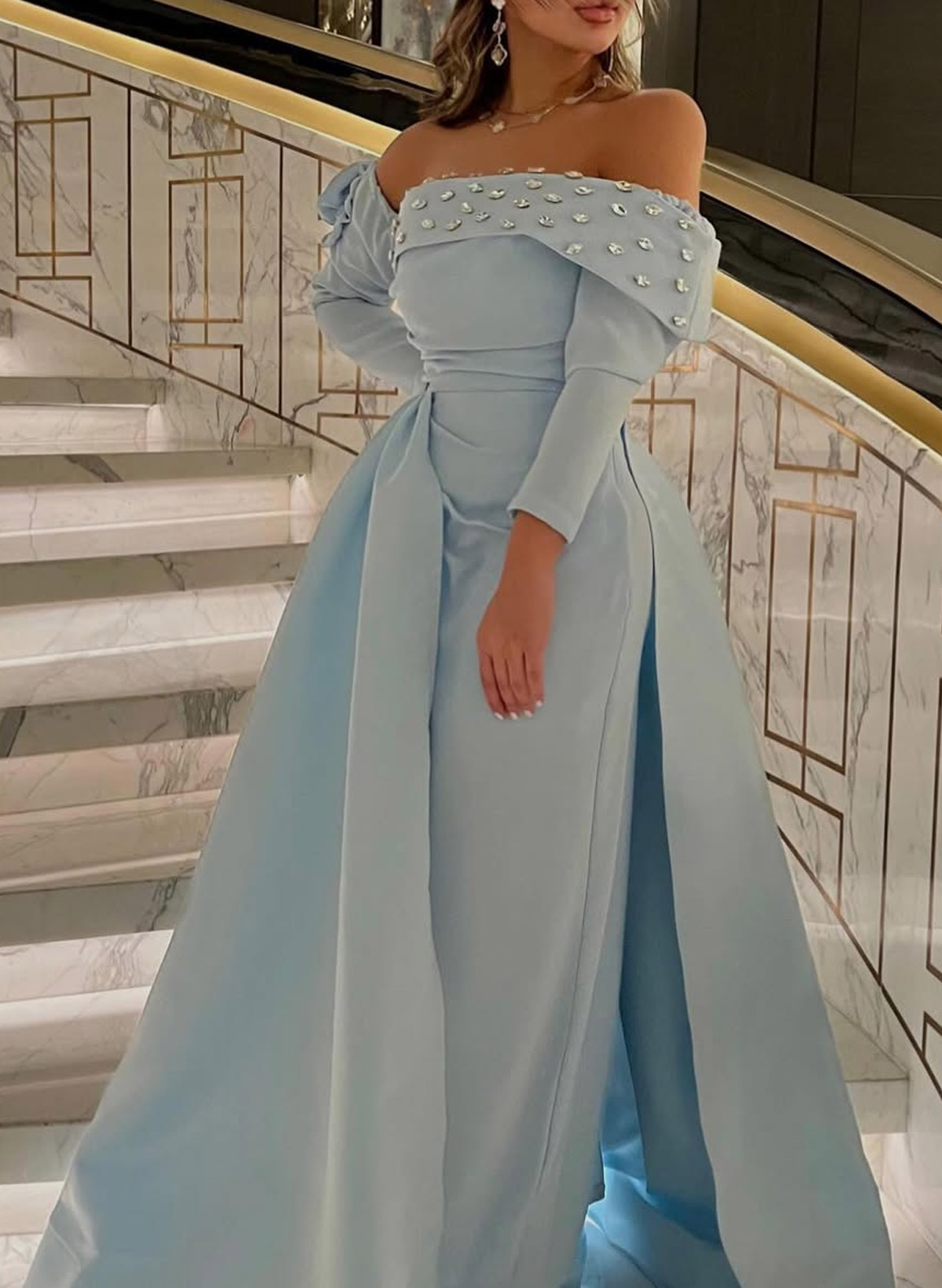 Elegant Off-The-Shoulder Long Sleeves Ankle-Length Satin Evening Dresses With Rhinestone/Flower(s)