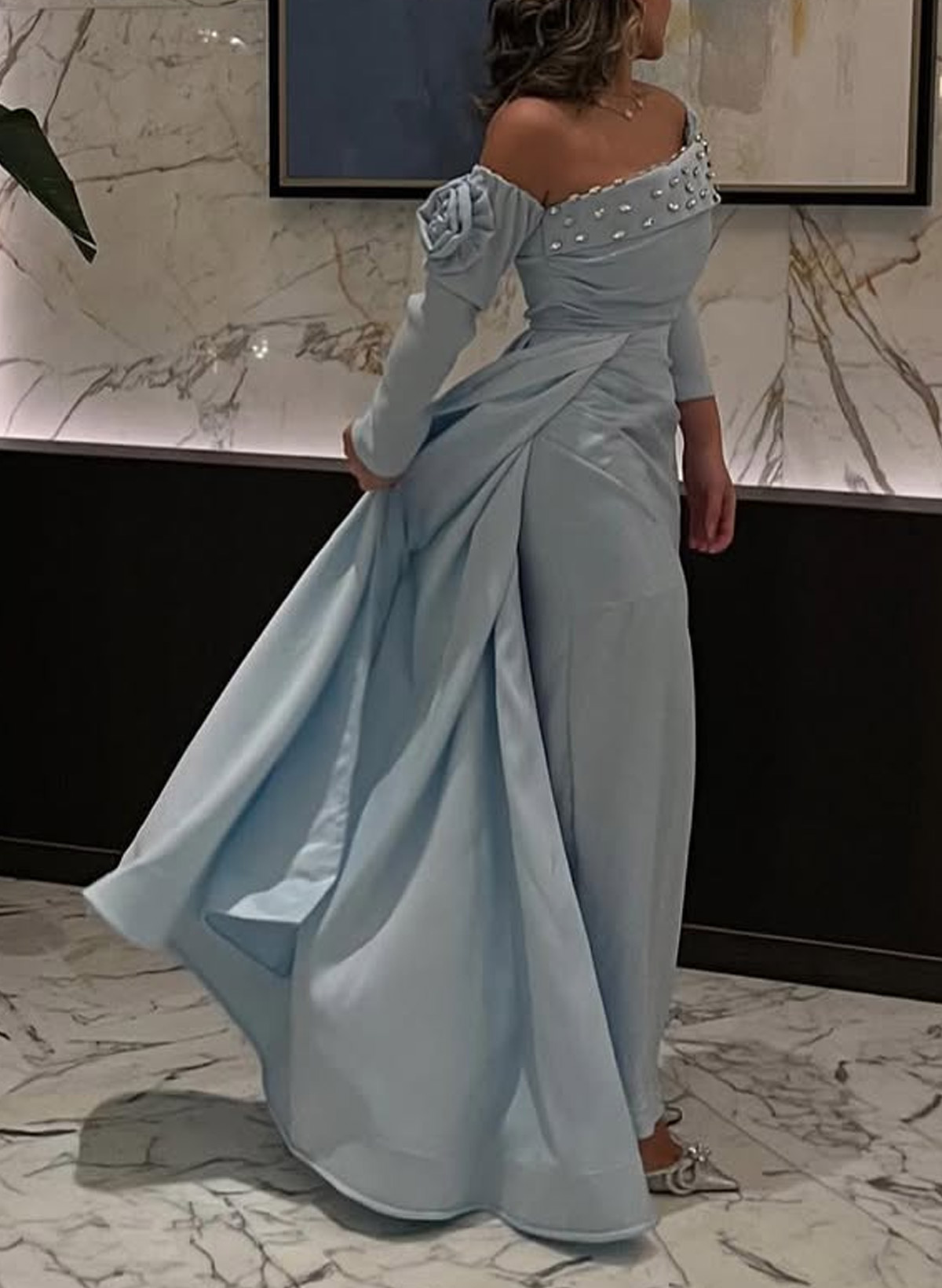 Elegant Off-The-Shoulder Long Sleeves Ankle-Length Satin Evening Dresses With Rhinestone/Flower(s)