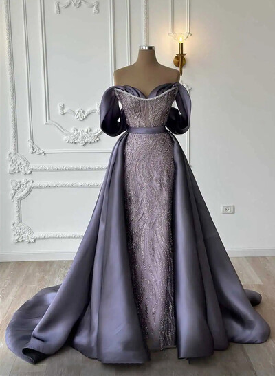 Sparkle & Shine Off-The-Shoulder Sleeveless Overskirt Sweep Train Satin/Lace/Sequined Evening Dresses