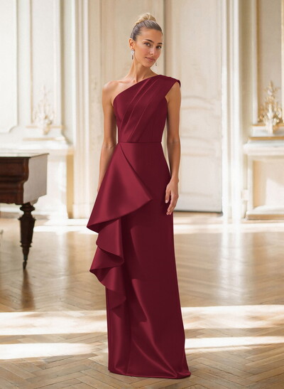 Elegant One-Shoulder Sleeveless Floor-Length Satin Evening Dresses With Ruffle/Back Slit