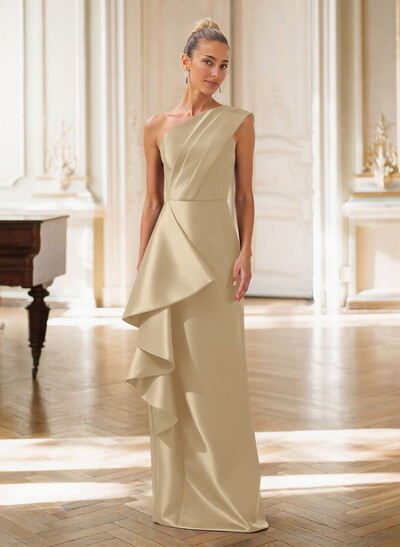 Elegant One-Shoulder Sleeveless Floor-Length Satin Evening Dresses With Ruffle/Back Slit
