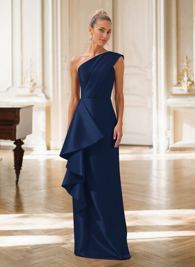 Elegant One-Shoulder Sleeveless Floor-Length Satin Evening Dresses With Ruffle/Back Slit