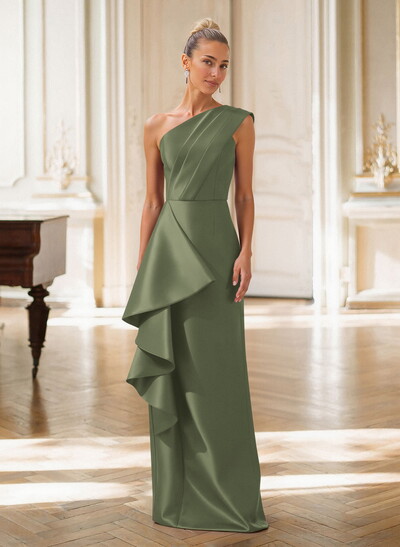 Elegant One-Shoulder Sleeveless Floor-Length Satin Evening Dresses With Ruffle/Back Slit