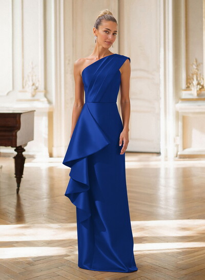 Elegant One-Shoulder Sleeveless Floor-Length Satin Evening Dresses With Ruffle/Back Slit