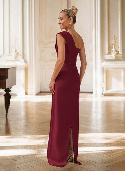 Elegant One-Shoulder Sleeveless Floor-Length Satin Evening Dresses With Ruffle/Back Slit