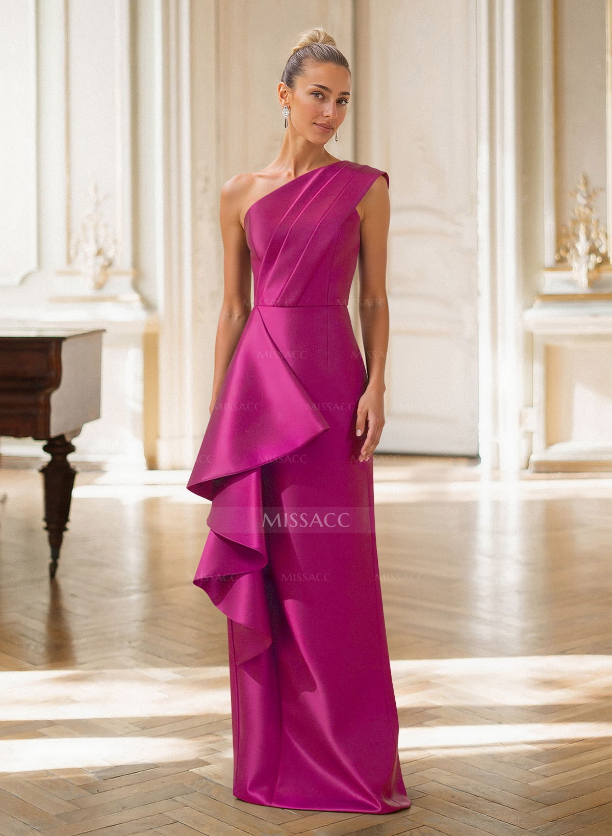 Elegant One-Shoulder Sleeveless Floor-Length Satin Evening Dresses With Ruffle/Back Slit