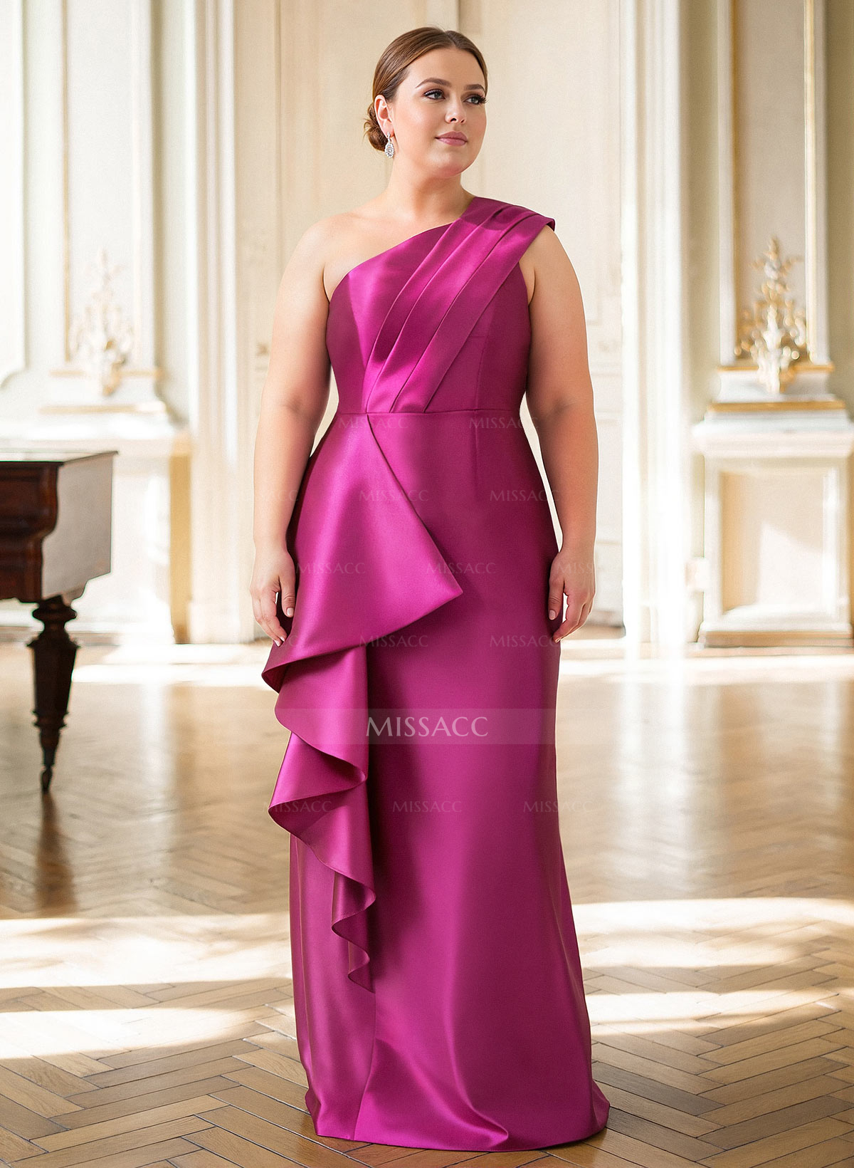 Elegant One-Shoulder Sleeveless Floor-Length Satin Evening Dresses With Ruffle/Back Slit