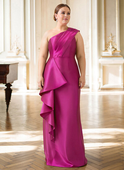 Elegant One-Shoulder Sleeveless Floor-Length Satin Evening Dresses With Ruffle/Back Slit