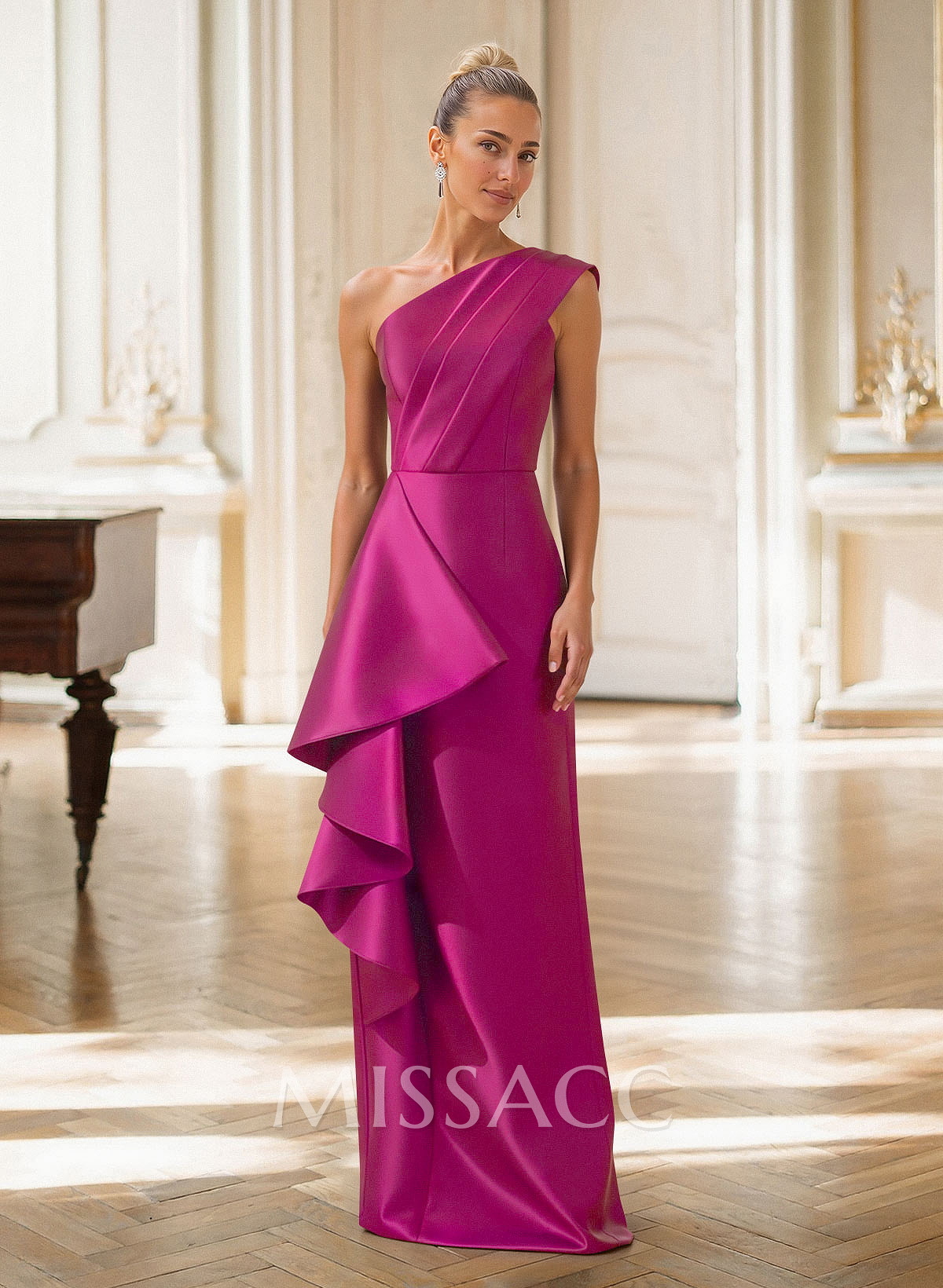 Elegant One-Shoulder Sleeveless Floor-Length Satin Evening Dresses With Ruffle/Back Slit Elegant One-Shoulder Sleeveless Floor-Length Satin Evening Dresses With Ruffle/Back Slit