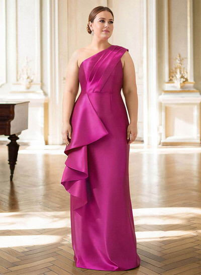 Elegant One-Shoulder Sleeveless Floor-Length Satin Evening Dresses With Ruffle/Back Slit