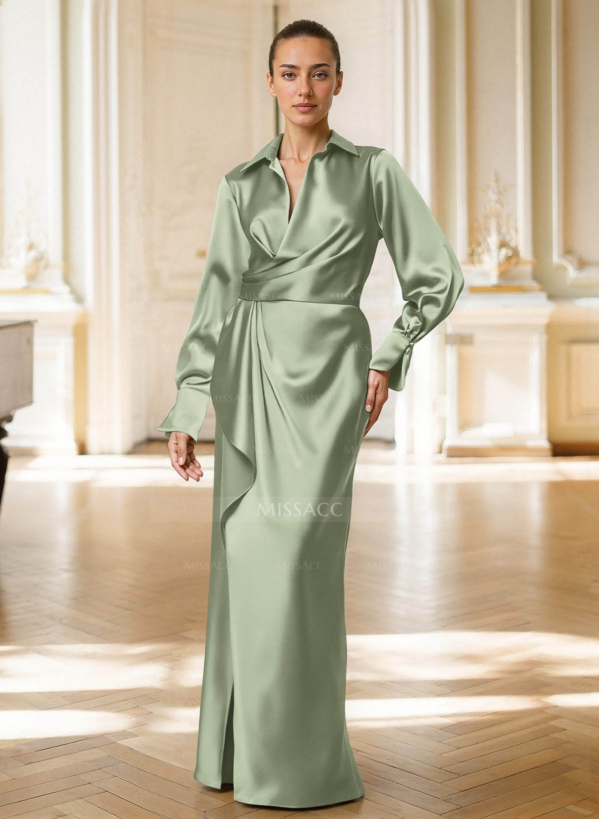 Elegant V-Neck Long Sleeves Floor-Length Acetate Satin Evening Dresses With Ruffle