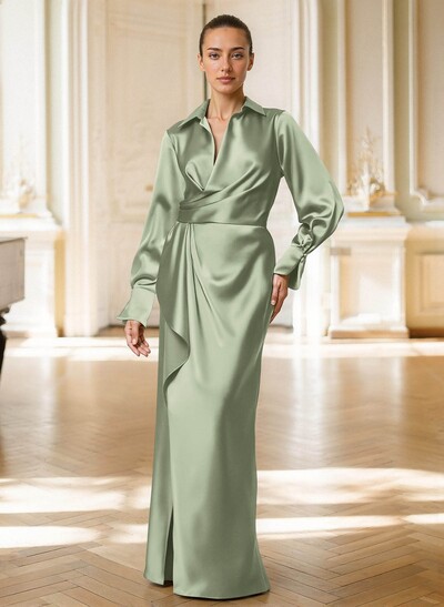 Elegant V-Neck Long Sleeves Floor-Length Acetate Satin Evening Dresses With Ruffle