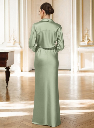 Elegant V-Neck Long Sleeves Floor-Length Acetate Satin Evening Dresses With Ruffle