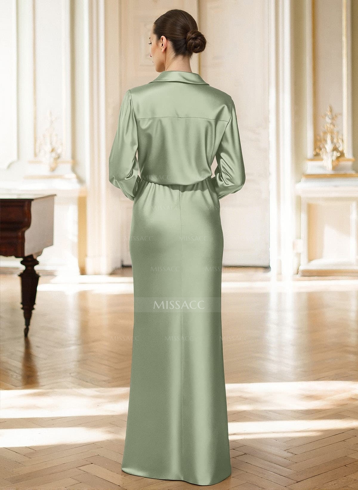 Elegant V-Neck Long Sleeves Floor-Length Acetate Satin Evening Dresses With Ruffle