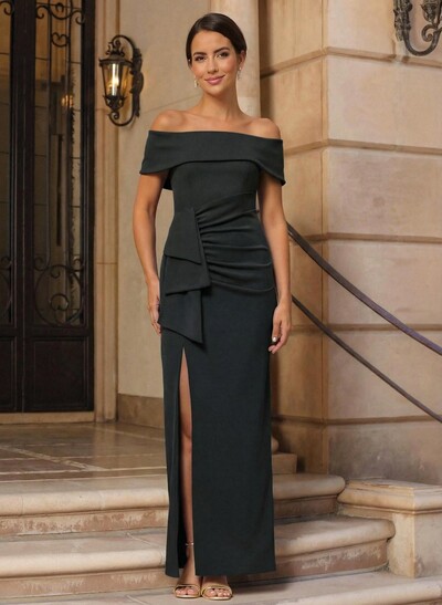 Elegant Off-The-Shoulder Floor-Length Elastic Satin Evening Dresses With Ruffle/Bow(s)/High Split