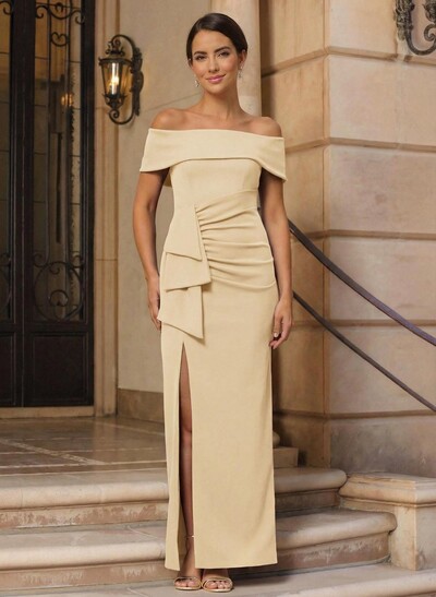 Elegant Off-The-Shoulder Floor-Length Elastic Satin Evening Dresses With Ruffle/Bow(s)/High Split