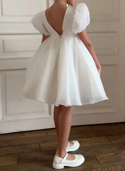Scoop Neck Short Sleeves A-Line Knee-Length Satin/Organza Flower Girl Dresses
