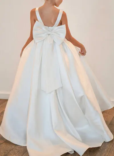 Scoop Neck Sleeveless A-Line Floor-Length Satin Flower Girl Dresses With Bow(s)