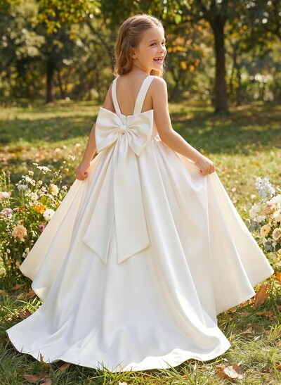 Scoop Neck Sleeveless A-Line Floor-Length Satin Flower Girl Dresses With Bow(s)