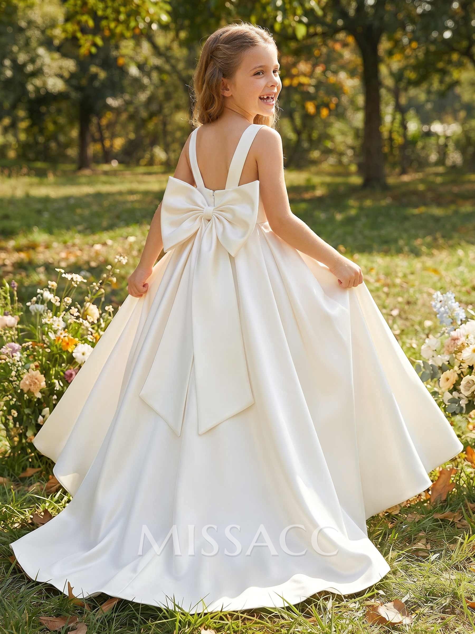 Scoop Neck Sleeveless A-Line Floor-Length Satin Flower Girl Dresses With Bow(s)