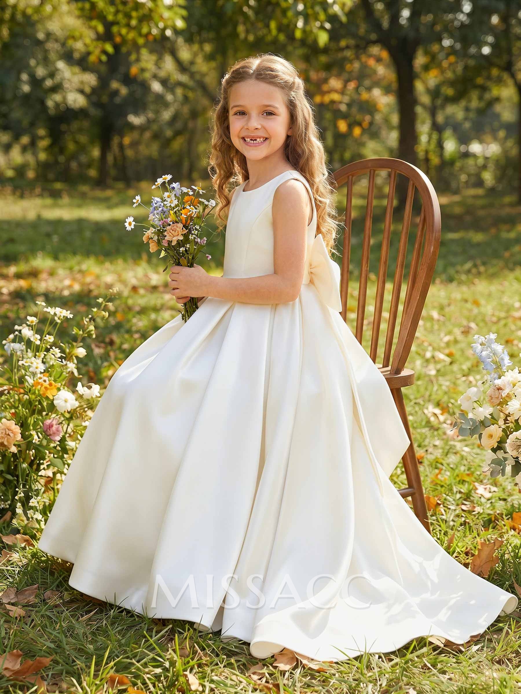 Scoop Neck Sleeveless A-Line Floor-Length Satin Flower Girl Dresses With Bow(s)