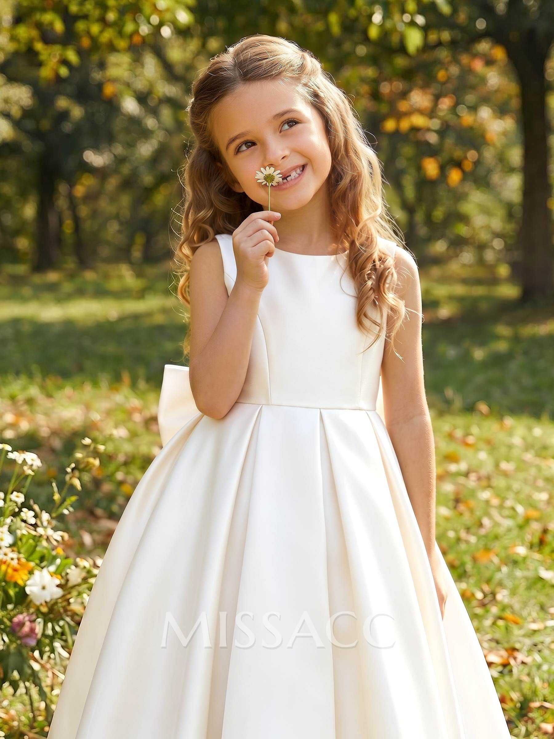 Scoop Neck Sleeveless A-Line Floor-Length Satin Flower Girl Dresses With Bow(s)