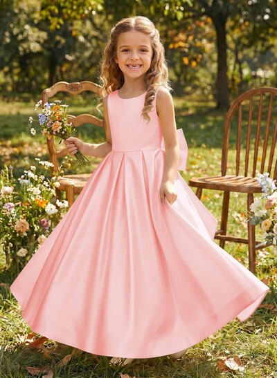 Scoop Neck Sleeveless A-Line Floor-Length Satin Flower Girl Dresses With Bow(s)