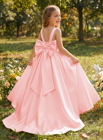 Scoop Neck Sleeveless A-Line Floor-Length Satin Flower Girl Dresses With Bow(s)