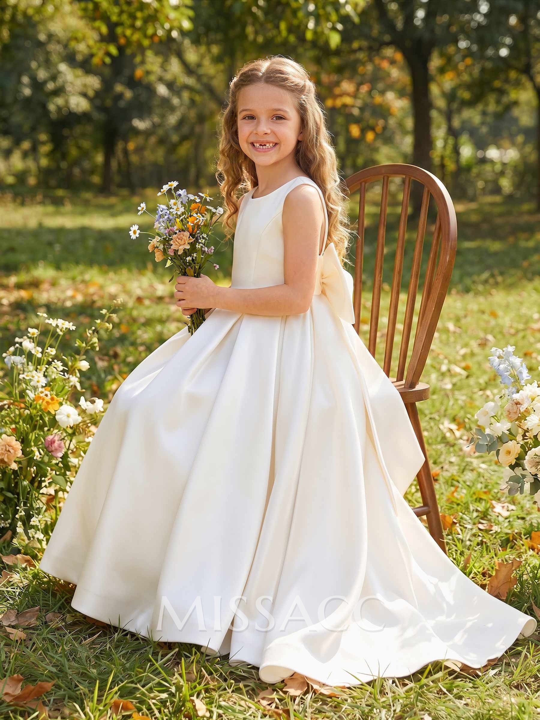 Scoop Neck Sleeveless A-Line Sweep Train Satin Flower Girl Dresses With Bow(s) Scoop Neck Sleeveless A-Line Sweep Train Satin Flower Girl Dresses With Bow(s)