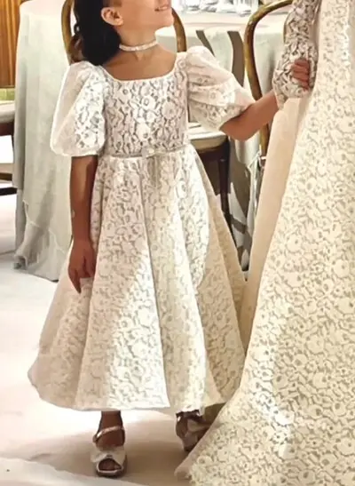 Square Neckline Short Sleeves A-Line Ankle-Length Lace Flower Girl Dresses With Bow(s)