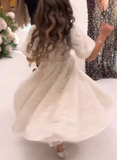 Square Neckline Short Sleeves A-Line Ankle-Length Lace Flower Girl Dresses With Bow(s)