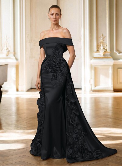 Trumpet/Mermaid Off-The-Shoulder Sweep Train Satin Mother Of The Bride Dresses With Overskirt Dress