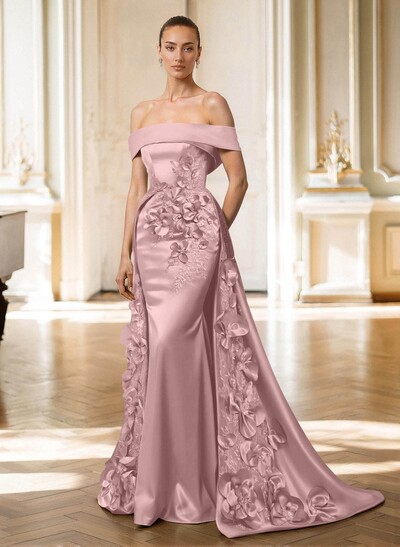 Trumpet/Mermaid Off-The-Shoulder Sweep Train Satin Mother Of The Bride Dresses With Overskirt Dress