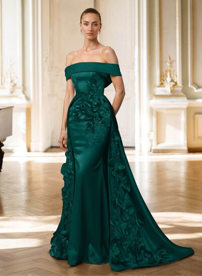 Trumpet/Mermaid Off-The-Shoulder Sweep Train Satin Mother Of The Bride Dresses With Overskirt Dress