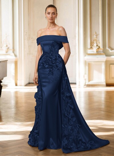 Trumpet/Mermaid Off-The-Shoulder Sweep Train Satin Mother Of The Bride Dresses With Overskirt Dress