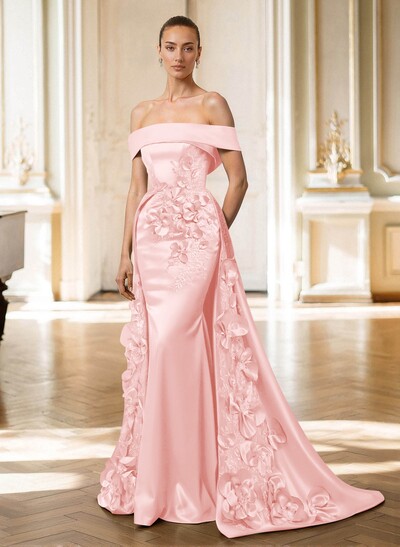 Trumpet/Mermaid Off-The-Shoulder Sweep Train Satin Mother Of The Bride Dresses With Overskirt Dress