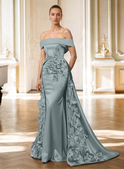 Trumpet/Mermaid Off-The-Shoulder Sweep Train Satin Mother Of The Bride Dresses With Overskirt Dress