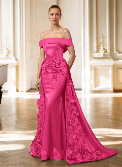 Trumpet/Mermaid Off-The-Shoulder Sweep Train Satin Mother Of The Bride Dresses With Overskirt Dress