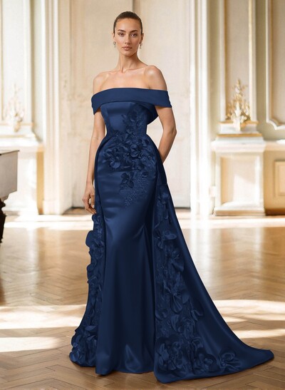 Trumpet/Mermaid Off-The-Shoulder Sweep Train Satin Mother Of The Bride Dresses With Overskirt Dress