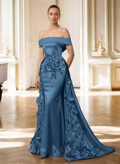 Trumpet/Mermaid Off-The-Shoulder Sweep Train Satin Mother Of The Bride Dresses With Overskirt Dress