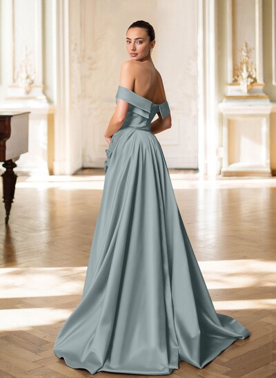 Trumpet/Mermaid Off-The-Shoulder Sweep Train Satin Mother Of The Bride Dresses With Overskirt Dress