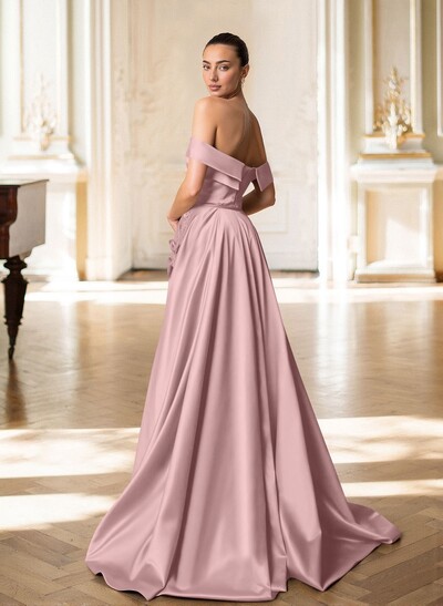 Trumpet/Mermaid Off-The-Shoulder Sweep Train Satin Mother Of The Bride Dresses With Overskirt Dress