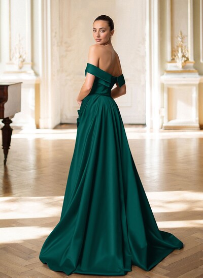 Trumpet/Mermaid Off-The-Shoulder Sweep Train Satin Mother Of The Bride Dresses With Overskirt Dress