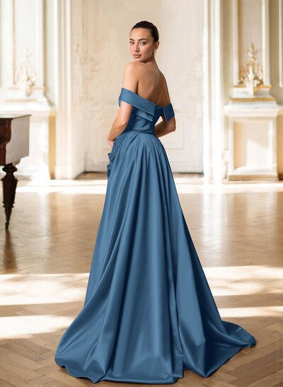 Trumpet/Mermaid Off-The-Shoulder Sweep Train Satin Mother Of The Bride Dresses With Overskirt Dress