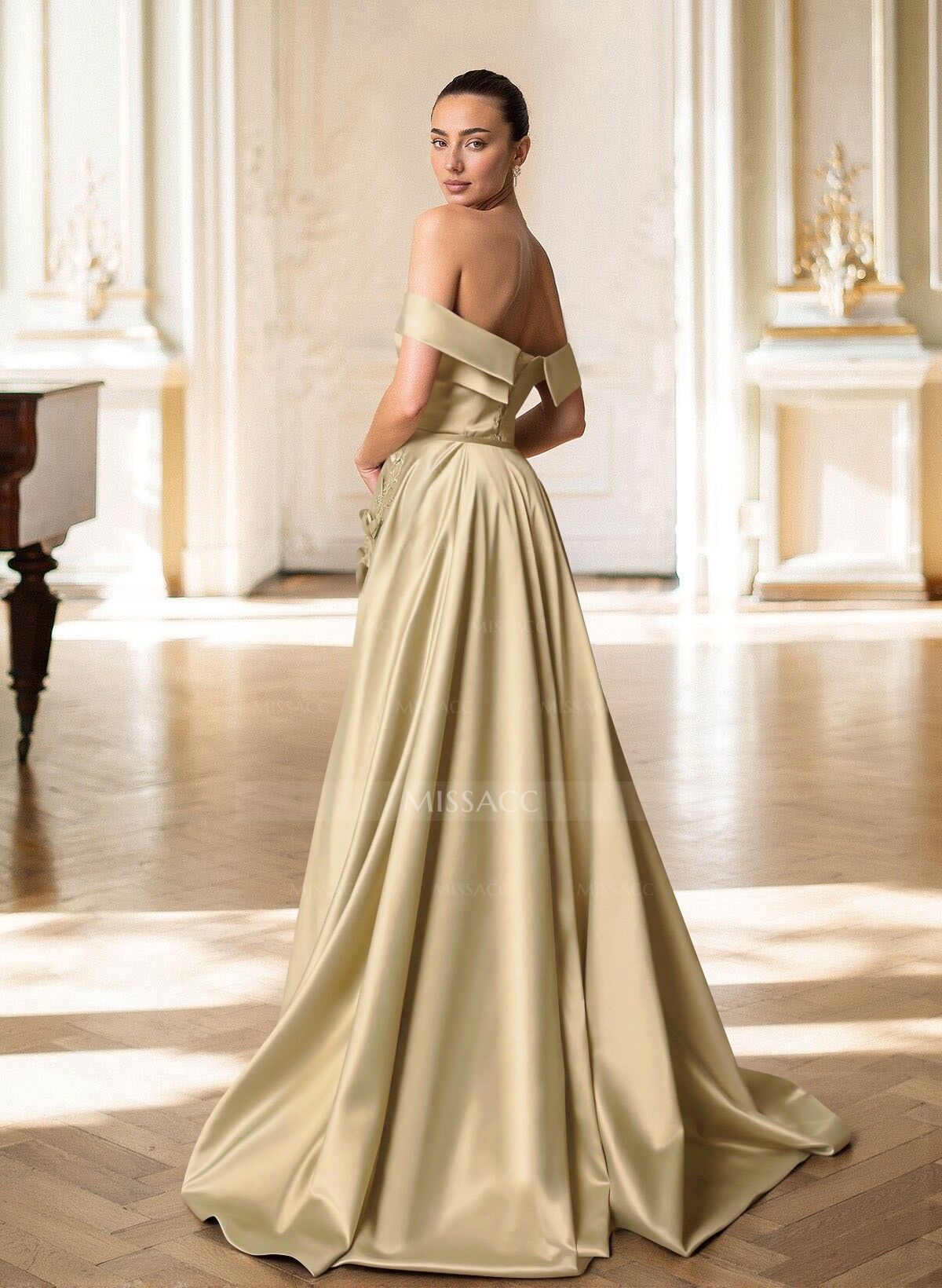 Trumpet/Mermaid Off-The-Shoulder Sweep Train Satin Mother Of The Bride Dresses With Overskirt Dress